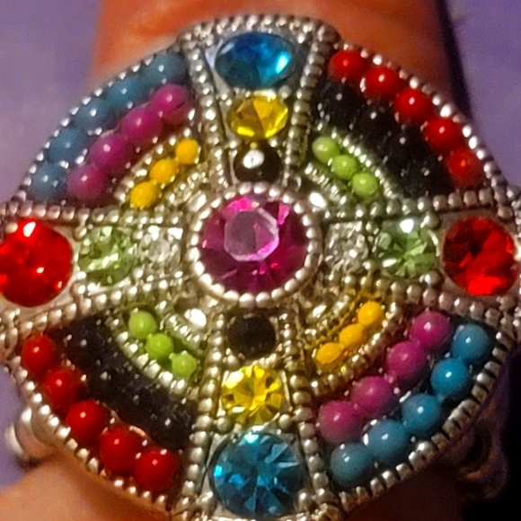 Antique ring SILVER TONE ENAMEL PASTEL GLASS VICTORIAN ring stretch band - Picture 2 of 11